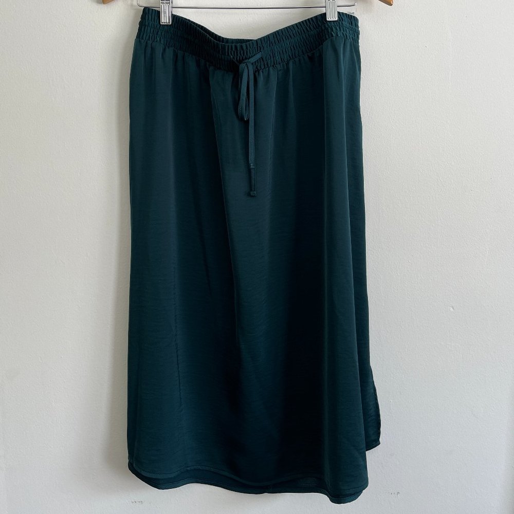 A New Day Forest Green Pull On Satin Elastic Waist Midi Skirt Size Large